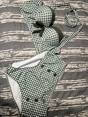 Retro Chic Green Gingham High-Waist Bikini Set